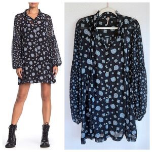Free People Turn Turn Sheer Medallion Print Long Sleeve Mini Dress in Black Sz L